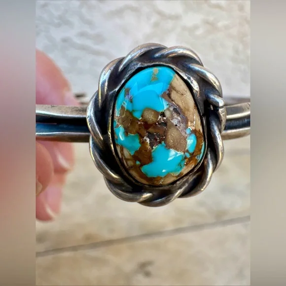 Vintage Turquoise Bangle Silver W/rope Design Bracelet Adjustable. Navajo Native - Picture 2 of 9
